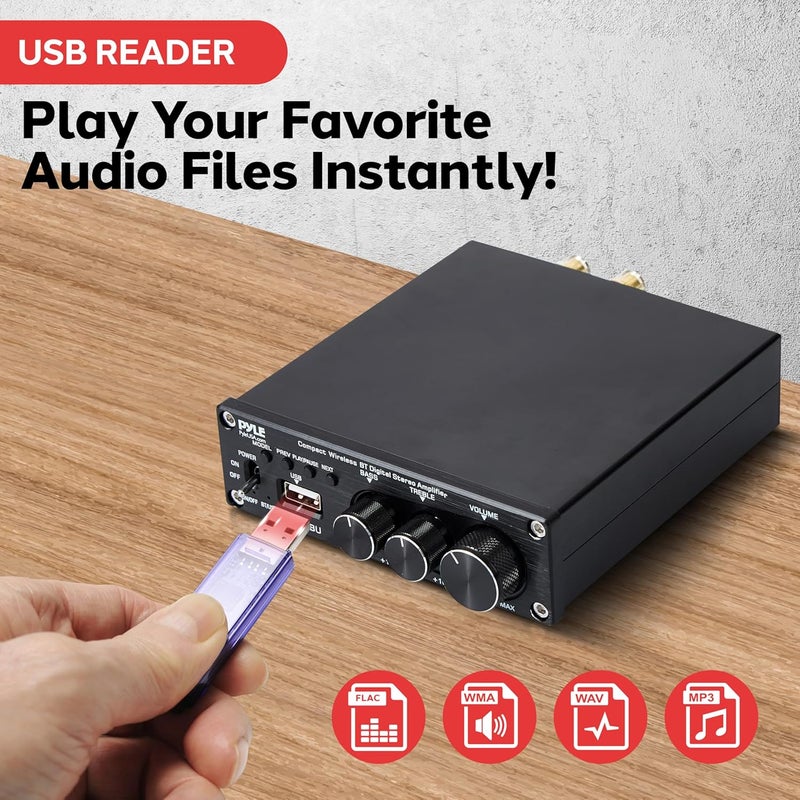 Pyle مضخم صوت ستيريو لاسلكي 2.1 CH - 200 واط مضخم صوت صغير بلوتوث مع مشغل USB، مدخل RCA، مخرج مضخم صوت، تحكم في الجهير والطبقات العالية، مضخم صوت مدمج لتدفق الصوت - Image 5